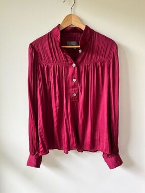 Anthropologie Pleated Button-Front Satin Blouse in Berry Red - Medium